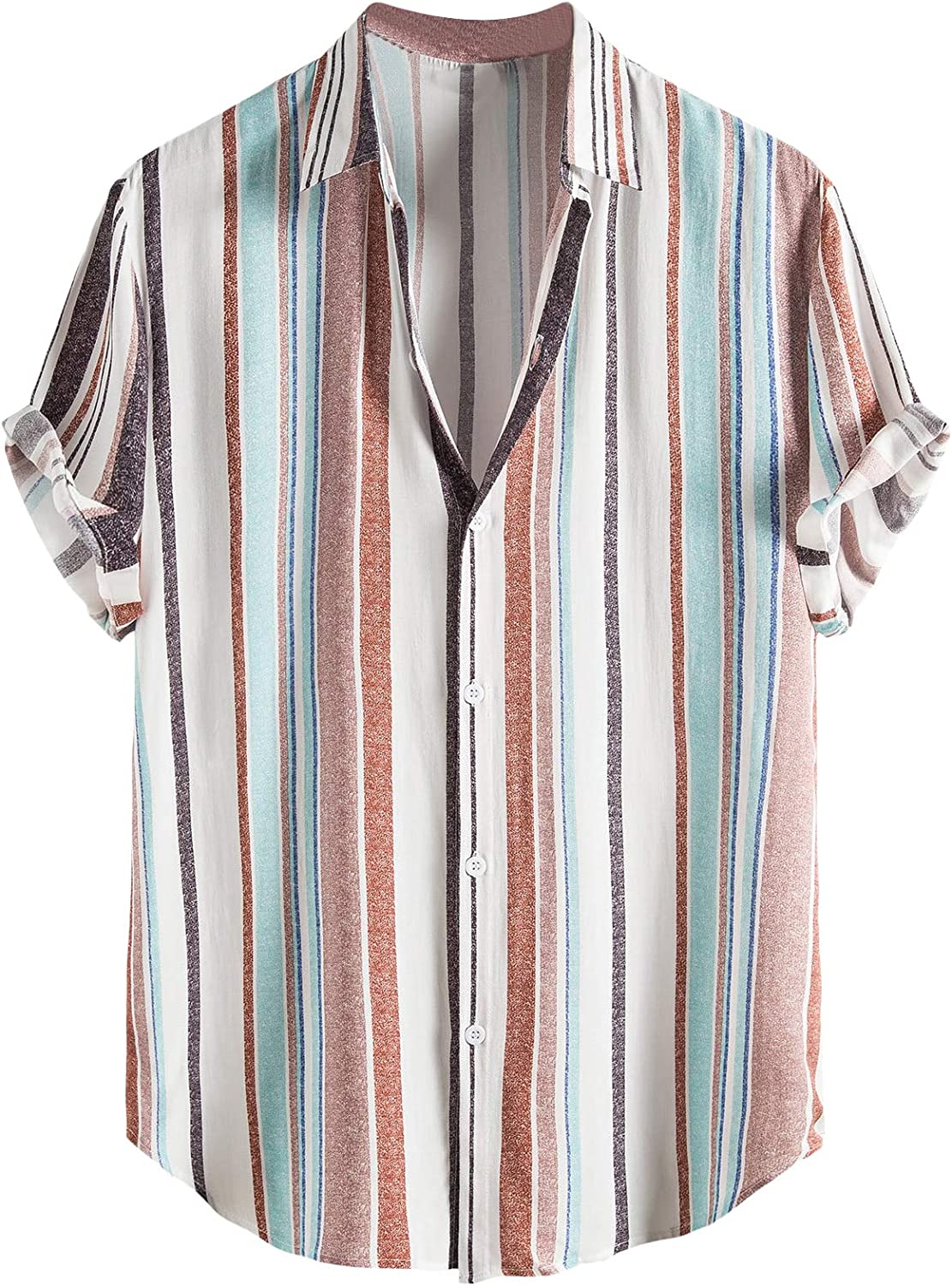 Romwe Men's Striped Short Sleeve Regular Fit Poplin Button Down Shirts