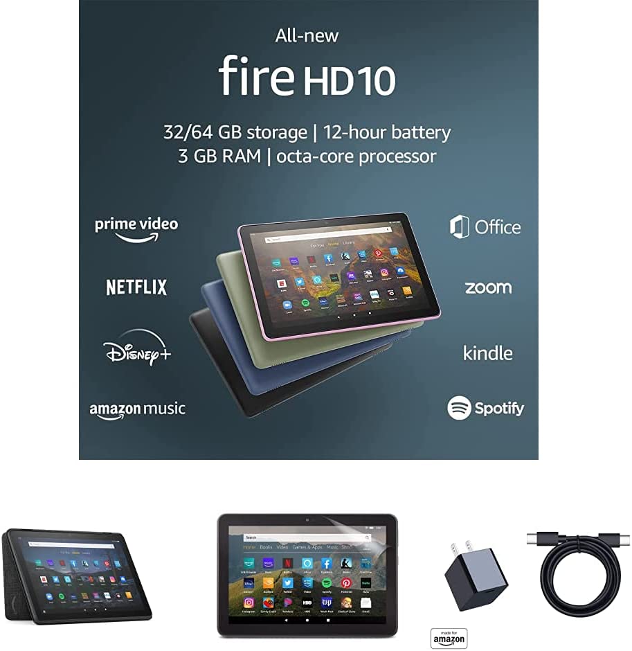 Fire HD 10 Tablet (64 GB, Black, Ad-Supported) + Amazon Standing Case (Black) + Nupro Anti-Glare Screen Protector (2-pack) + 15W USB-C Charger