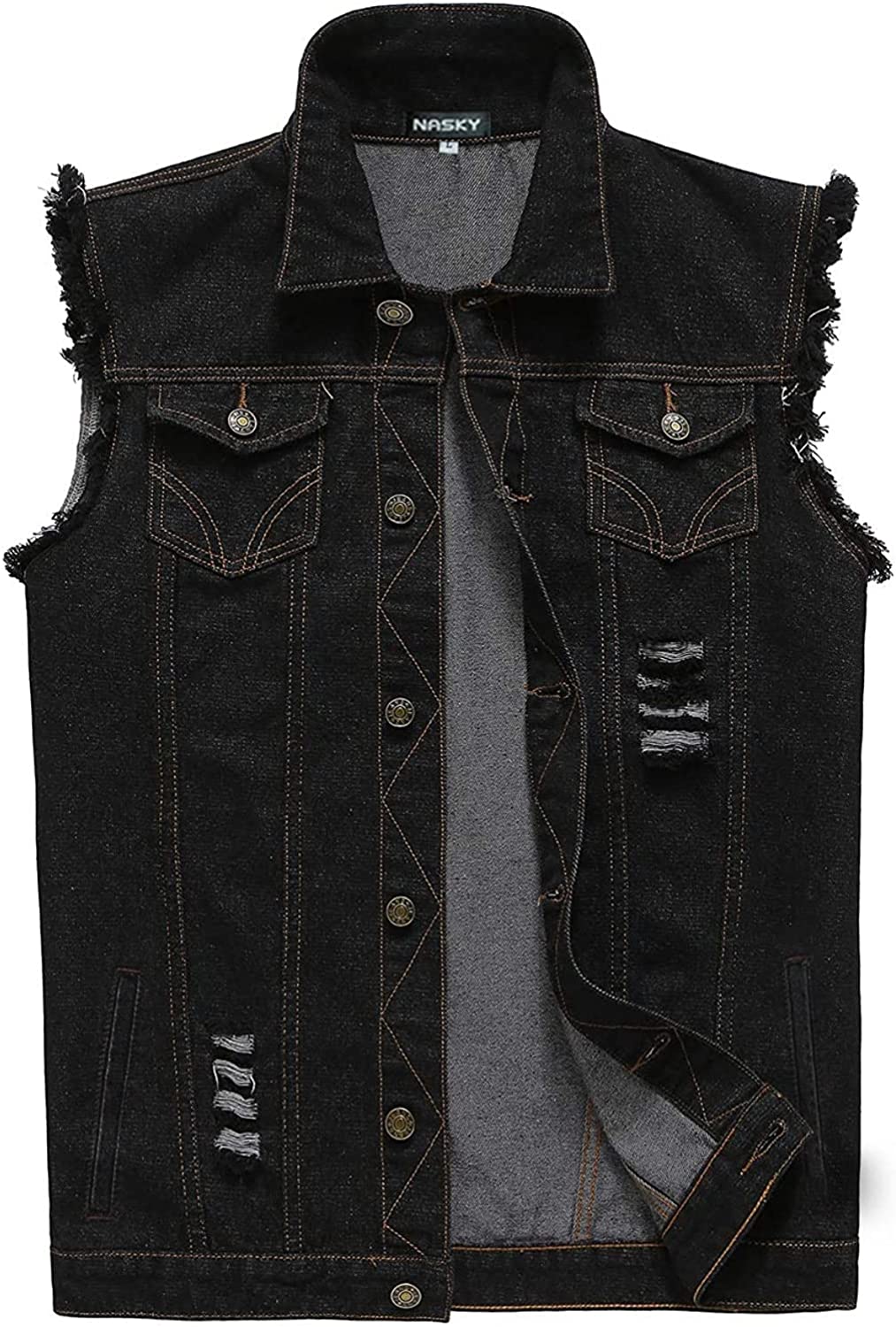 NASKY Men's Fit Retro Ripped Denim Vest Sleeveless Jean Vest and Jacket