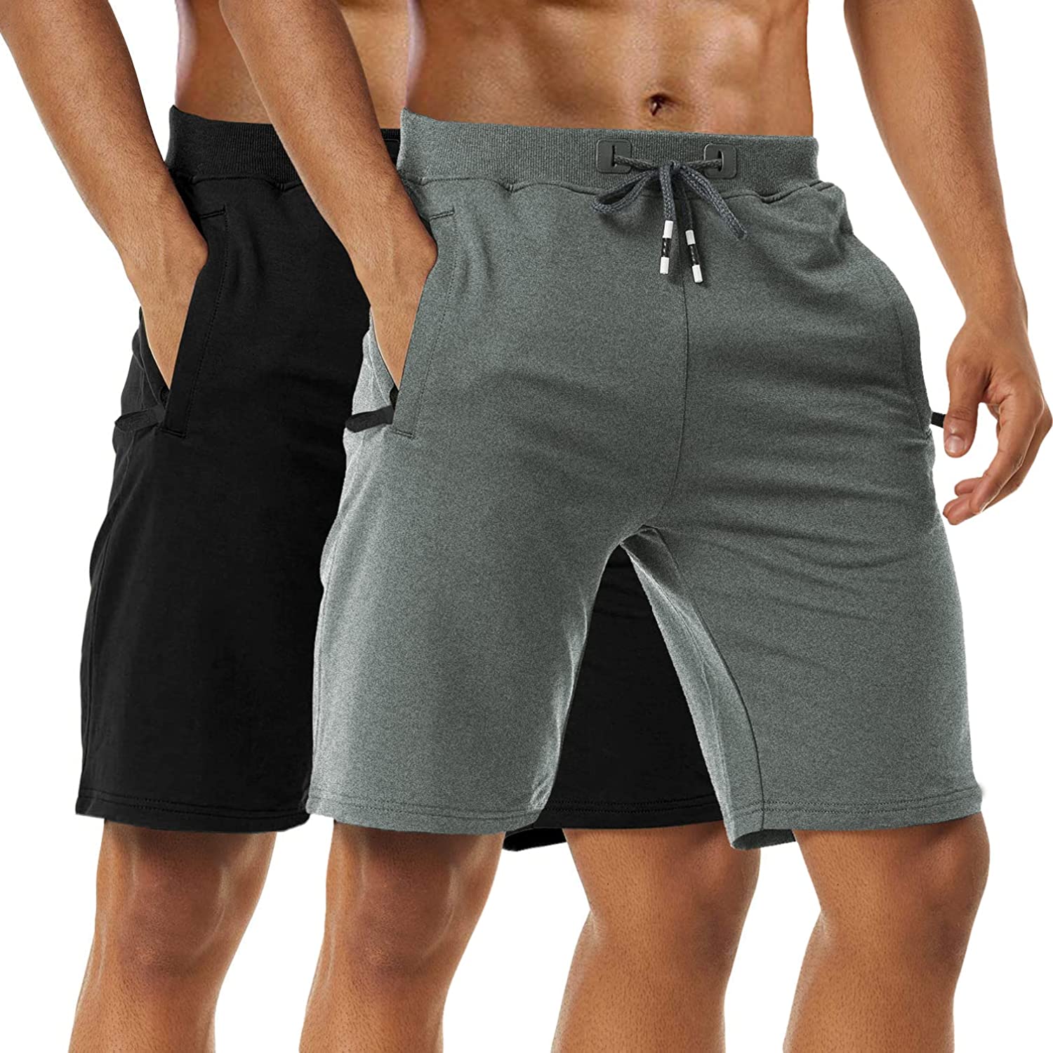 Boyzn Men's 2 Pack Athletic Shorts Comfortable Cotton Workout Shorts Elastic Waist Running Shorts with Zipper Pockets