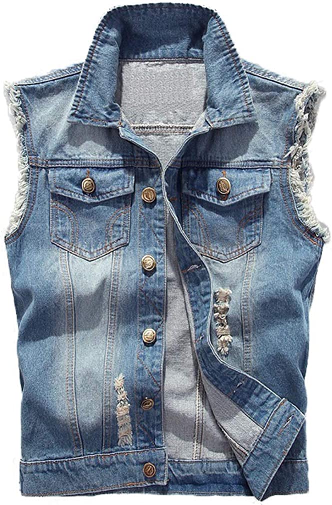 Saukiee Men's Casual Lapel Denim Vest Jacket Vintage Slim Fit Sleeveless Ripped Jeans Vests