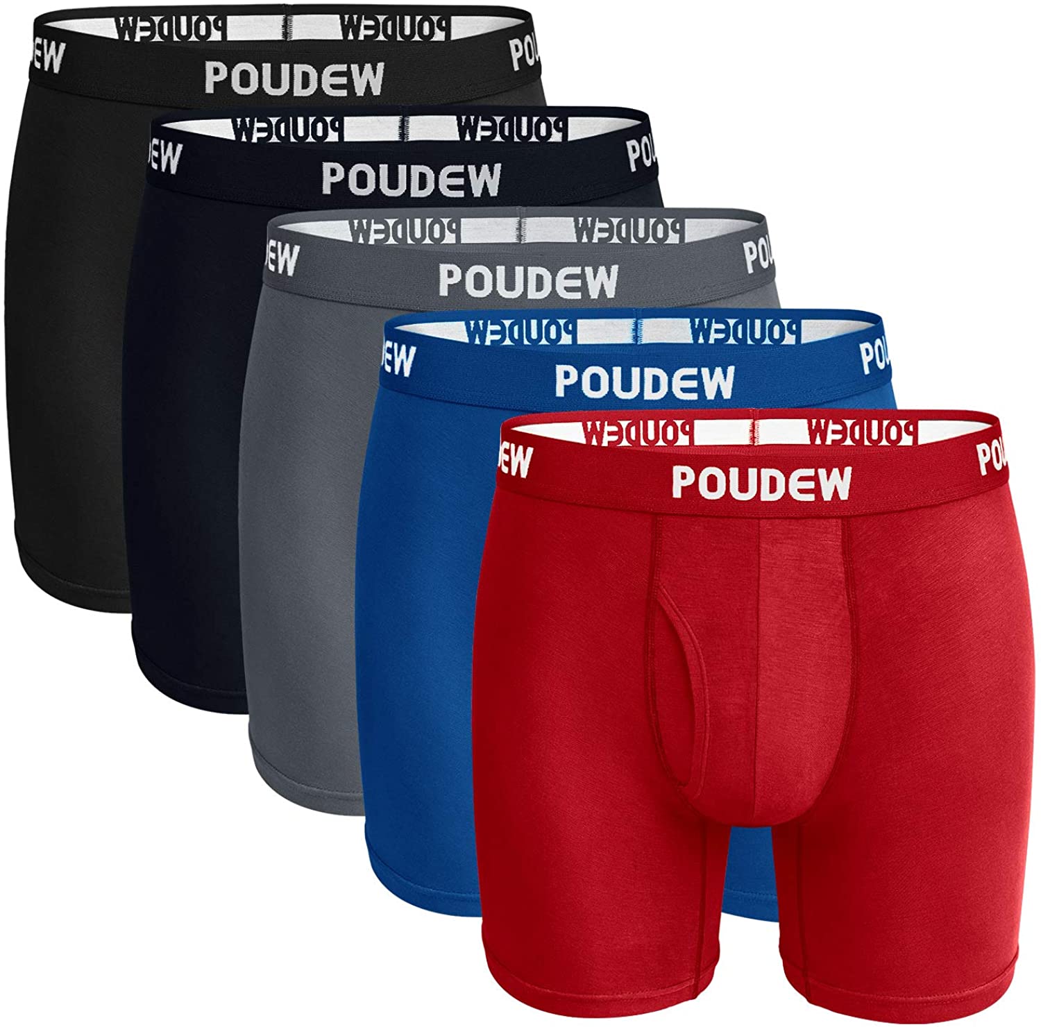 POUDEW Men's Underwear 6 Inches Soft Viscose Boxer Briefs, Tagless Mens Boxer Briefs with Pouch, 5 Pack