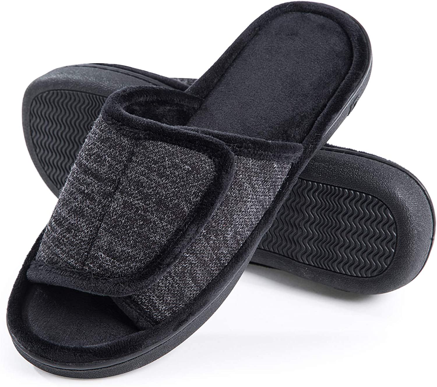 DL Adjustable Mens Slippers Memory Foam, Open Toe House Slippers for Men Comfy Indoor Outdoor, Cozy Breathable Slide Bedroom Velcor Slippers Size 7-14 Black Gray Navy Brown