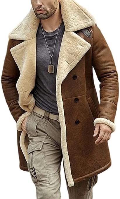 Shearling Brown Leather Coat Genuine Sheepskin Leather Coat with Artificial Fur B3 Bomber Leather Coat Aviator Coat for Men