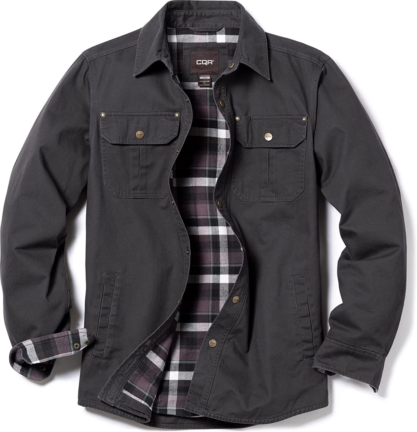 CQR Men's Twill All Cotton Flannel Lined Shirt Jacket, Soft Brushed Outdoor Shirt Jacket