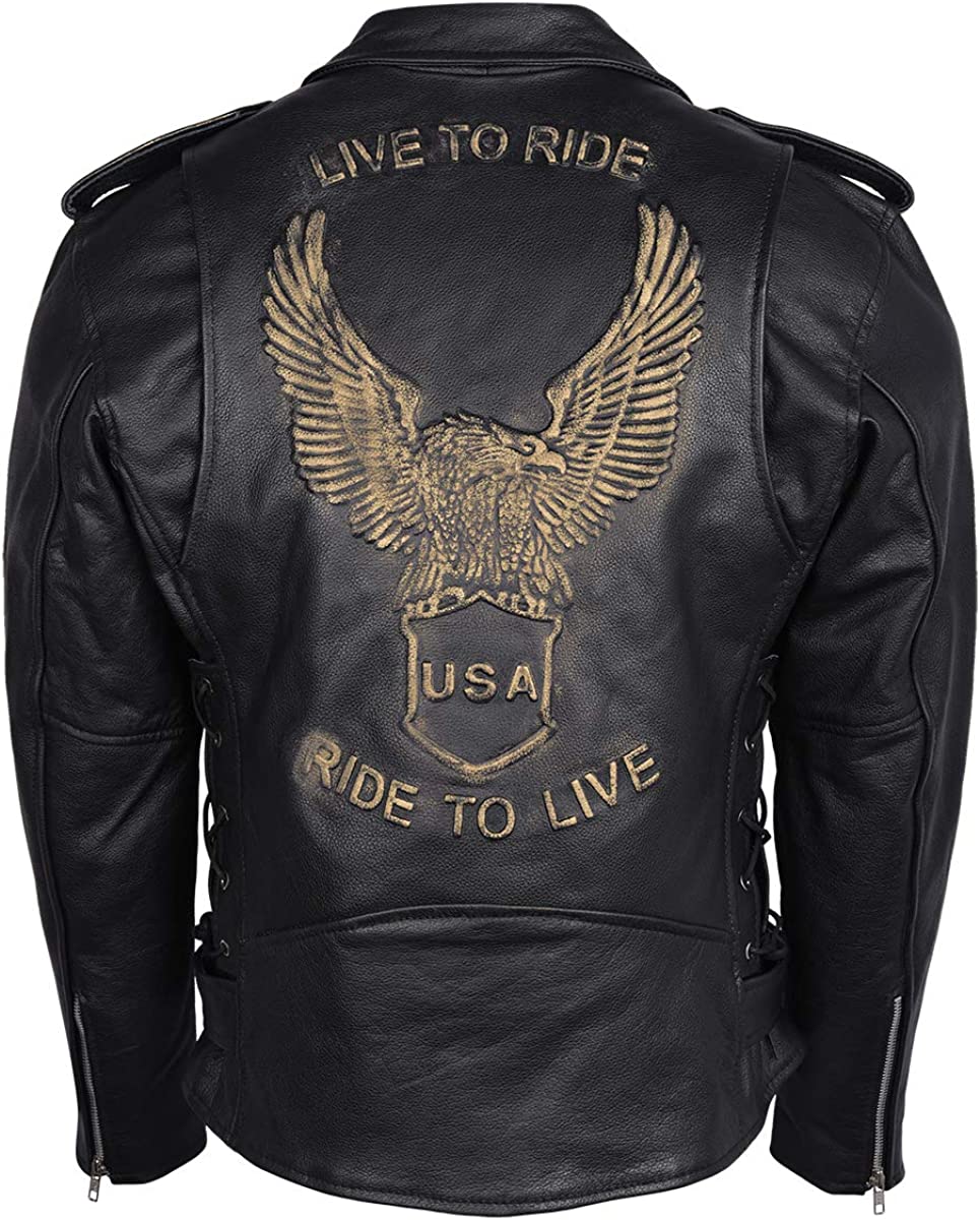 Men's Eagle Embossed Live To Ride - Ride To Live Classic Black Leather Motorcycle Biker Jacket