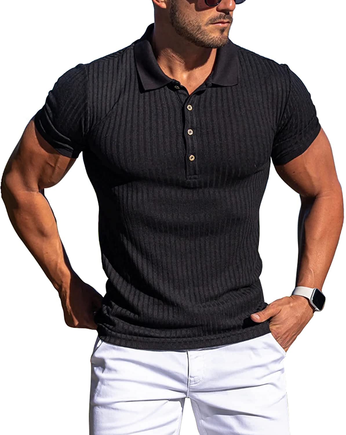 CANGHPGIN Muscle Polo Shirts for Men Short Sleeve Slim Fit Quick Dry T-Shirts for Golf Tennis Workout Casual