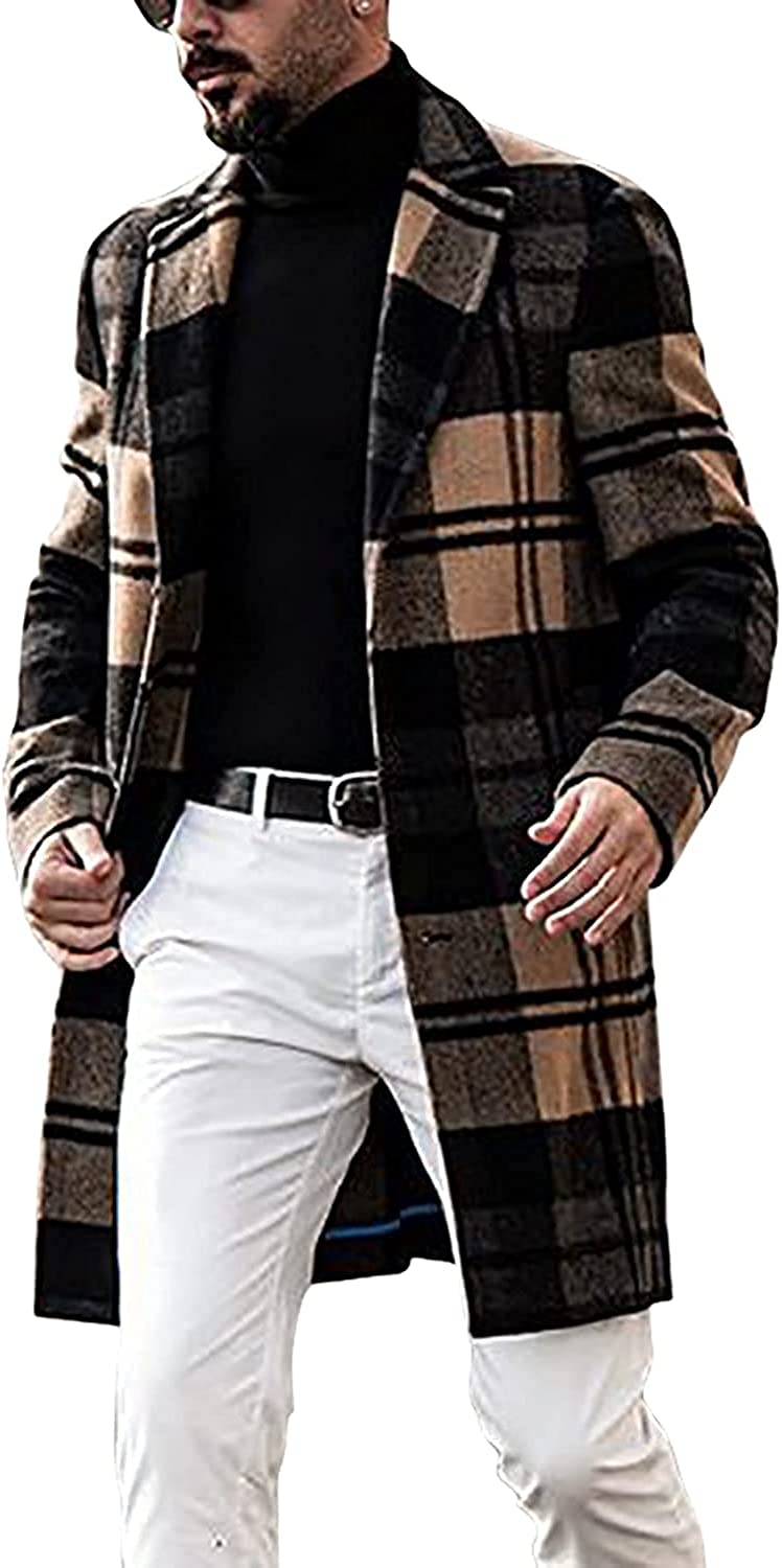 chouyatou Men's Casual Notched Collar Plaid Single Breasted Wool Blend Formal Trench Top Coat
