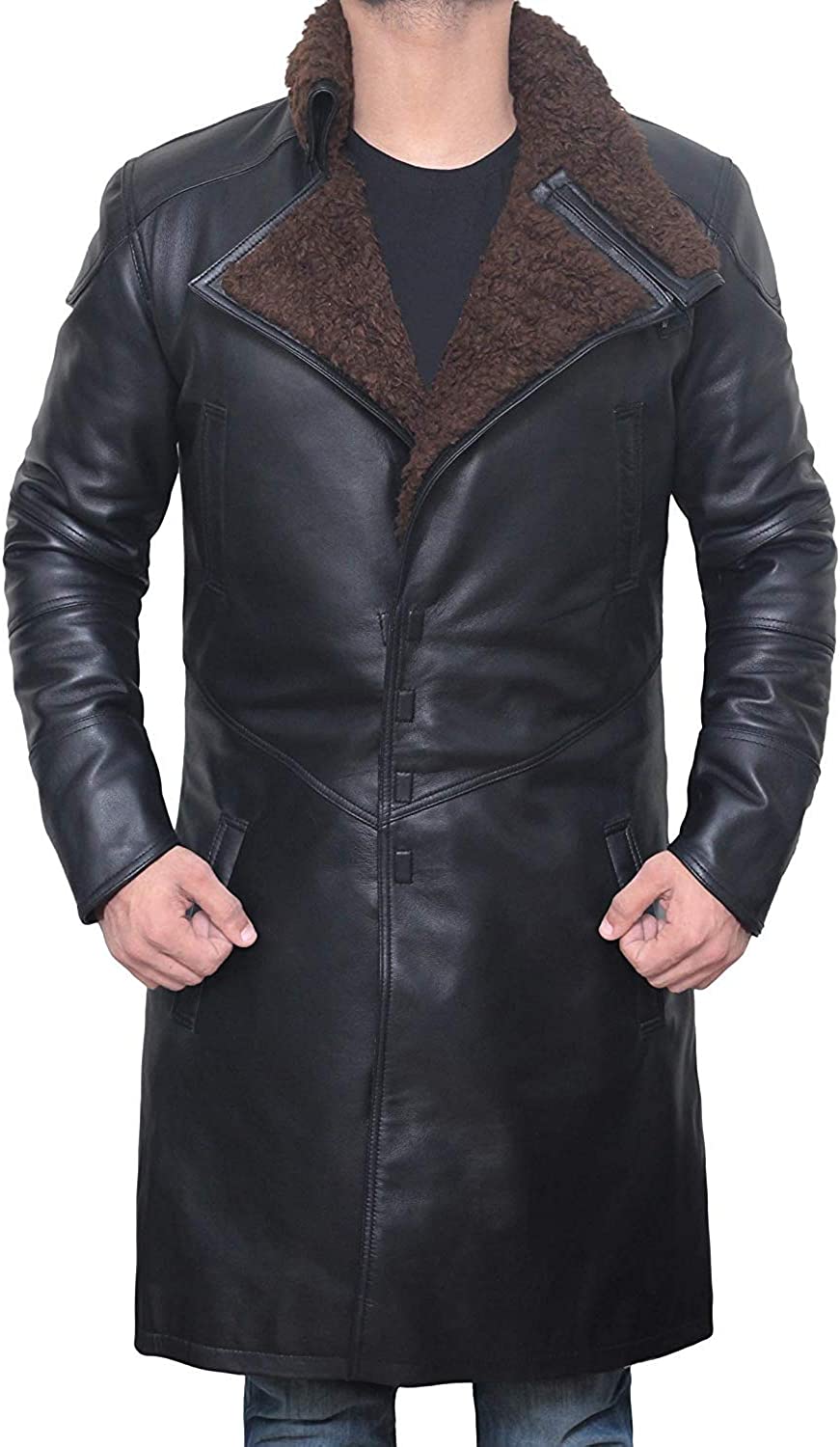 Shearling Leather Trench Coat Mens - Real Lambskin Long Leather Jacket Fur Coats