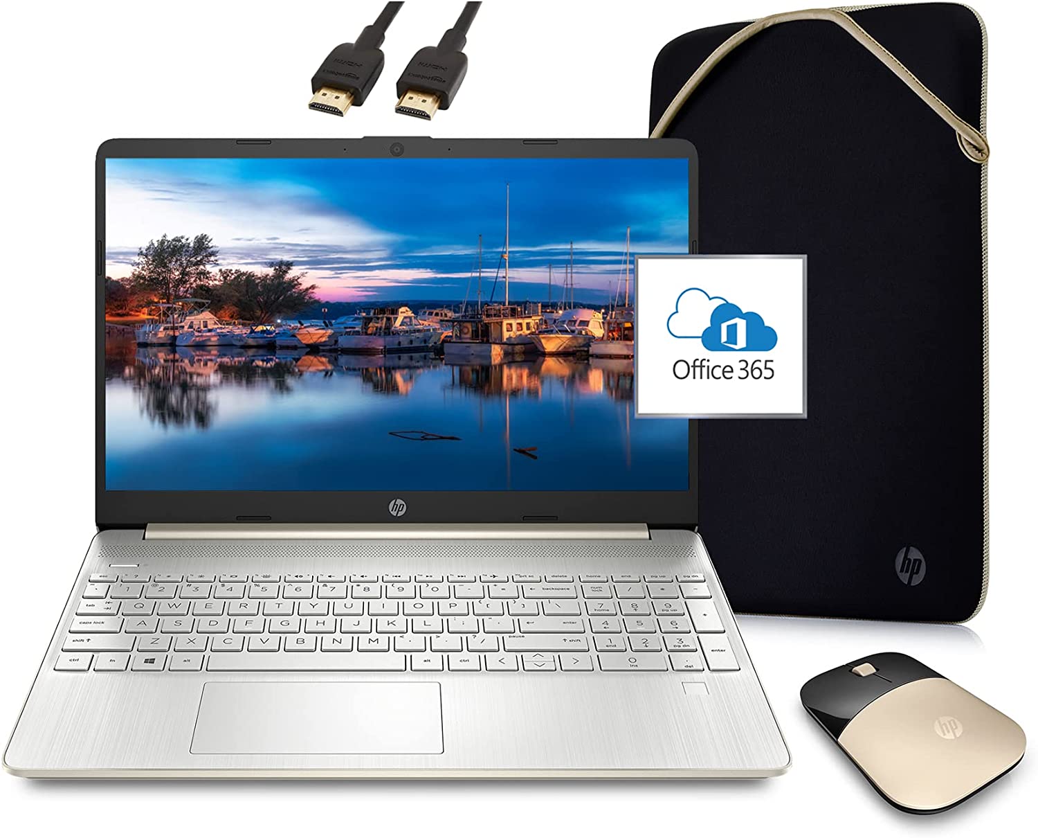2022 Newest HP Laptop with Microsoft Office Included 1-Year, 15.6" HD Screen, AMD Athlon 3050U 16GB RAM 1TB SSD HDMI Port Webcam Gold White Windows 11 | College Student Bundle, ROKC HDMI Cable