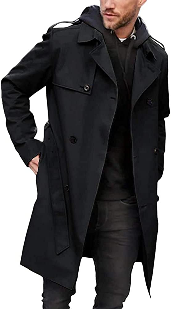 Men's Trench Coat Slim fit Double Breasted Belted Windbreaker Lapel Long Jacket Casual Windproof Overcoat
