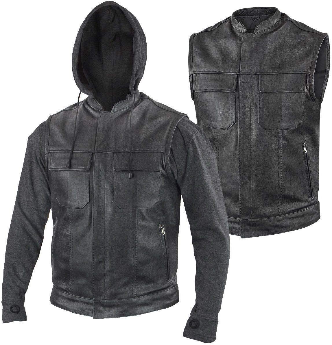 Xelement BXU1006 Men's 'Jax' Black Leather Motorcycle Hoodie Jacket with Convertible Vest - Large