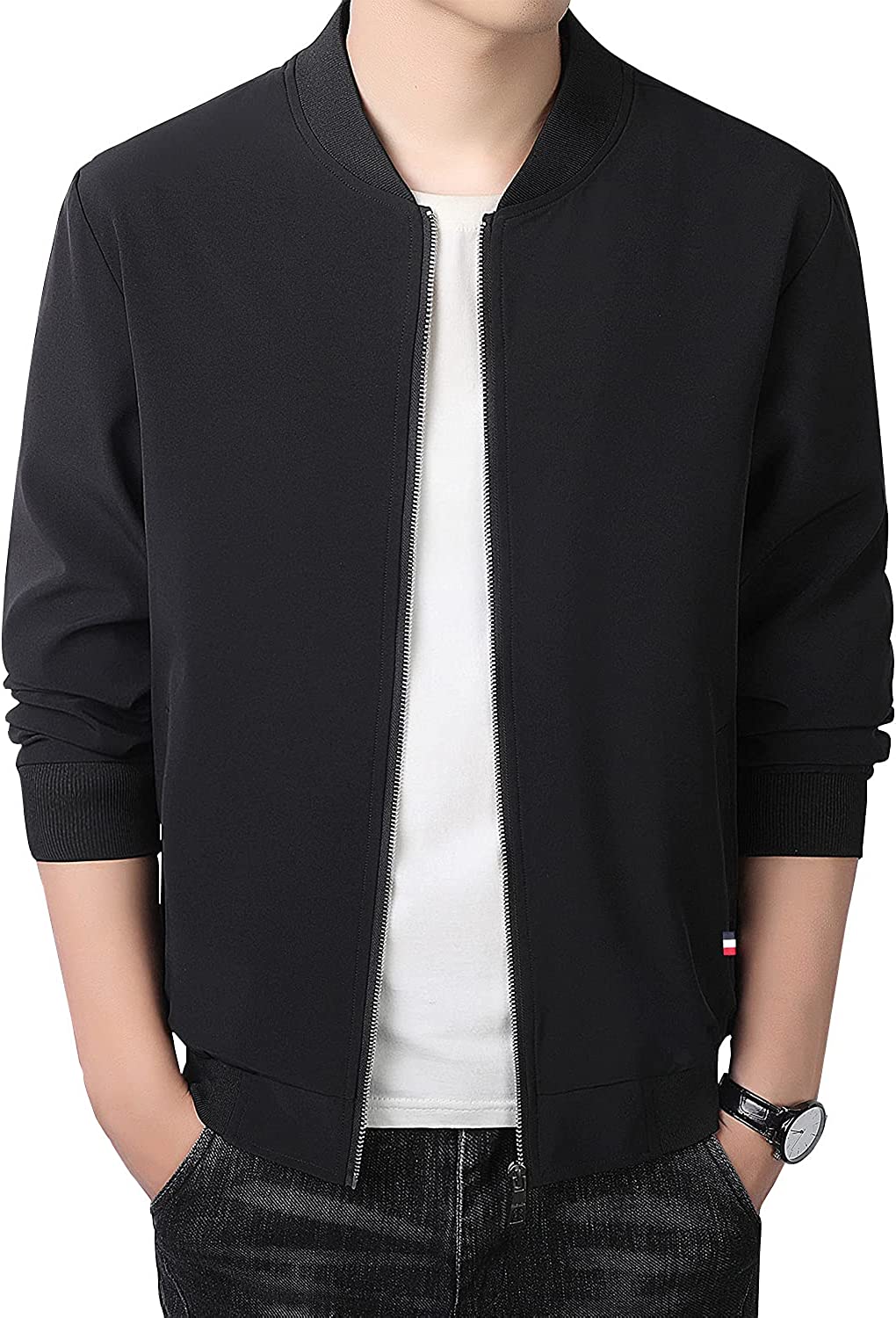 FoxQ Mens Lightweight Flight Bomber Jackets Slim Fit Spring Fall Thin Casual Coat Softshell Windbreaker Elastic Hem