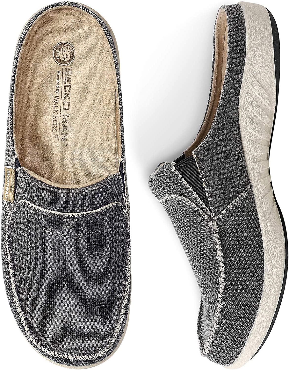 Mens Slippers with Arch Support, Canvas House Slipper for Men with Velvet Lining, Slip On Clog, Indoor Outdoor House Shoes with Anti-Skid Rubber Sole