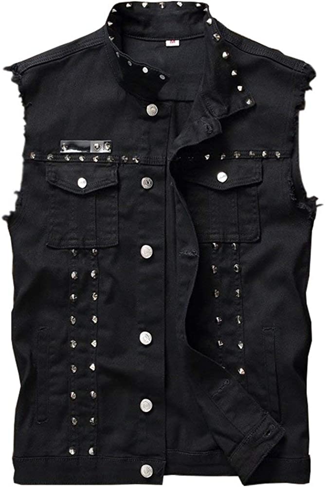 LifeHe Men's Sleeveless Lapel Denim Jean Vests Jacket With Rivets