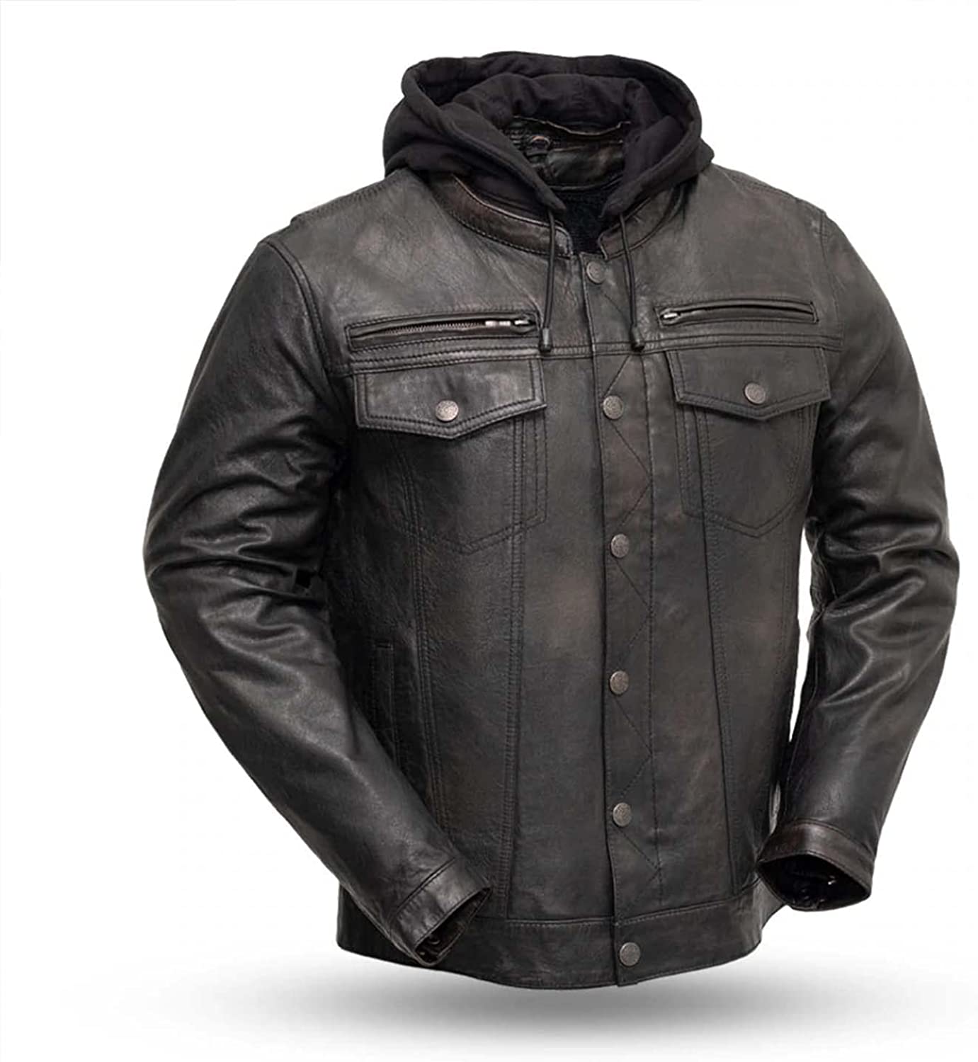 Vendetta- Men's Motorcycle Leather Jacket, 100% Genuine Sheep Leather Jacket Men For Riding, Biker Jacket With Removable zip-out hood and Armor Pockets For Ce Pads. (X-Large)