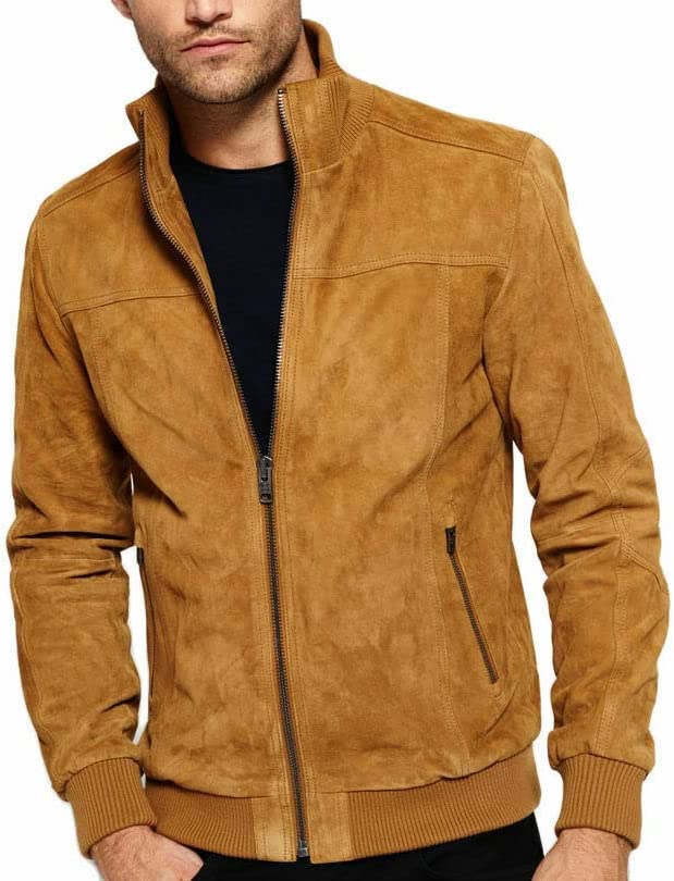 Men's CLassic Stylish Slim Fit Brown Bomber Trucker Biker Genuine Suede Leather Motorcycle Jacket