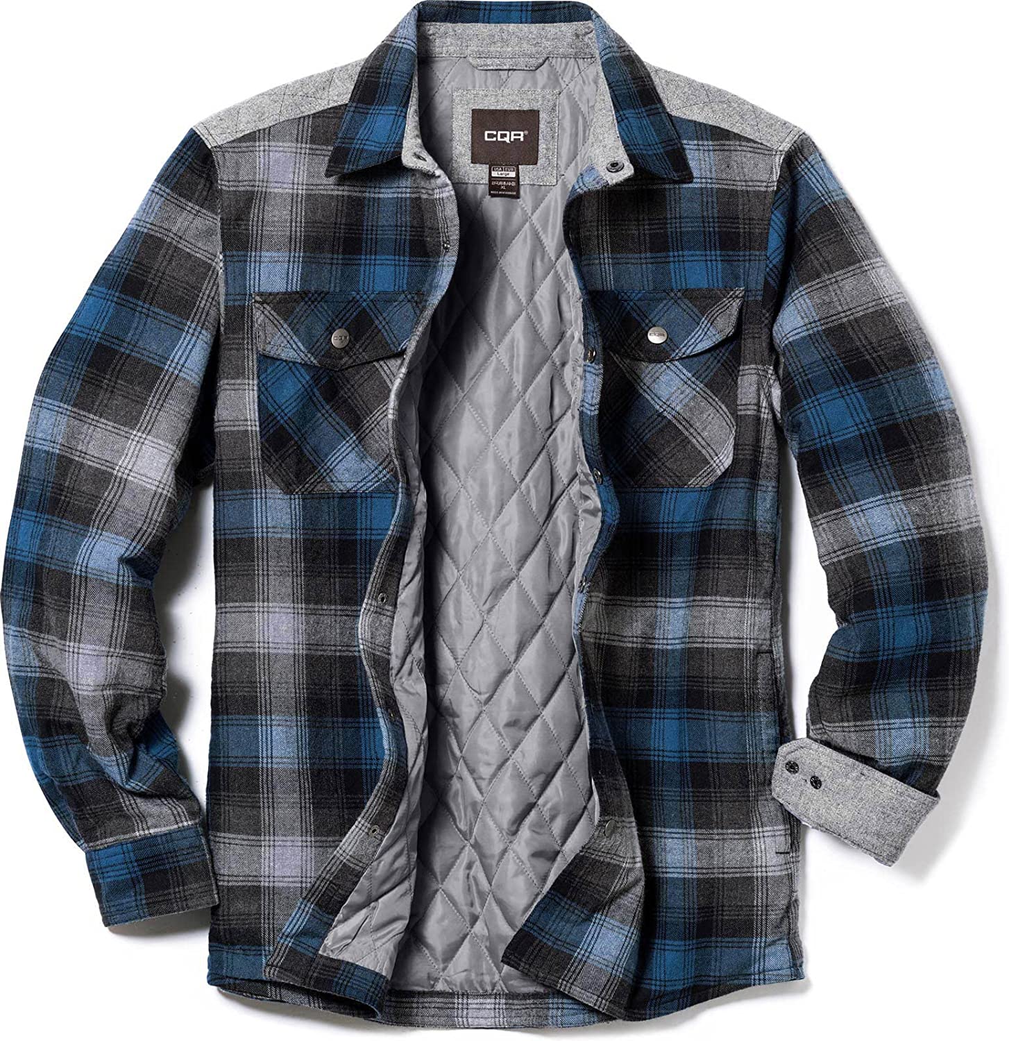CQR Men's All Cotton Quilted Lined Shirt Jacket, Soft Brushed Flannel Outdoor Shirt Jacket