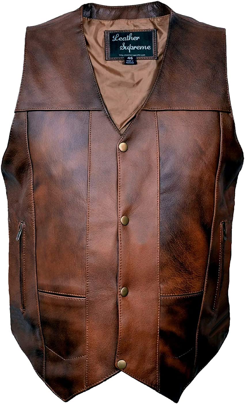 Leather Supreme Men's Ten Pocket Brown Buffalo Hide Leather Vest W Holster