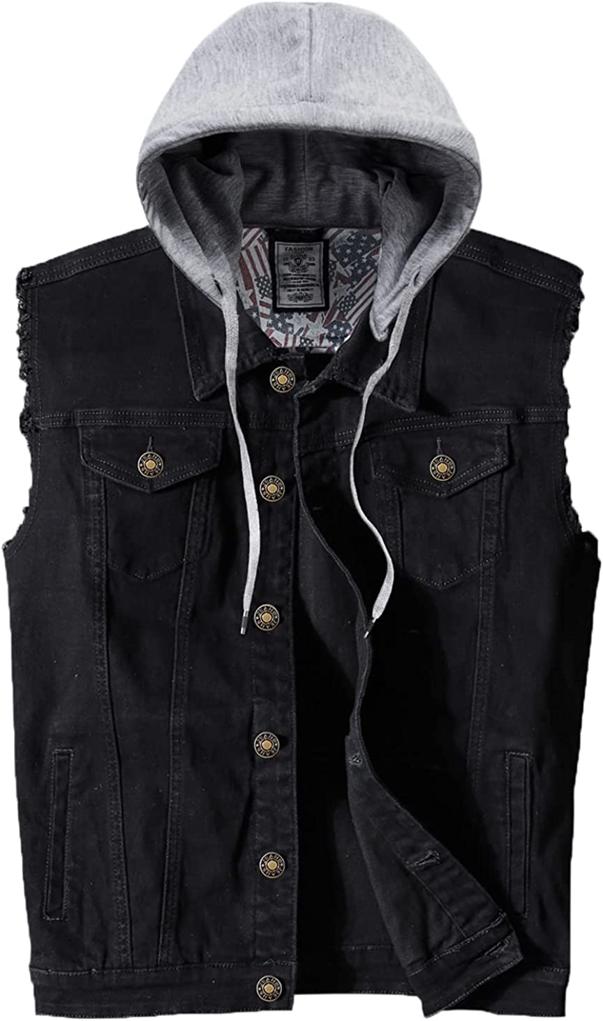 Heihuohua Men's Hooded Denim Vest Classic Stretchy Trucker Sleeveless Jean Jacket