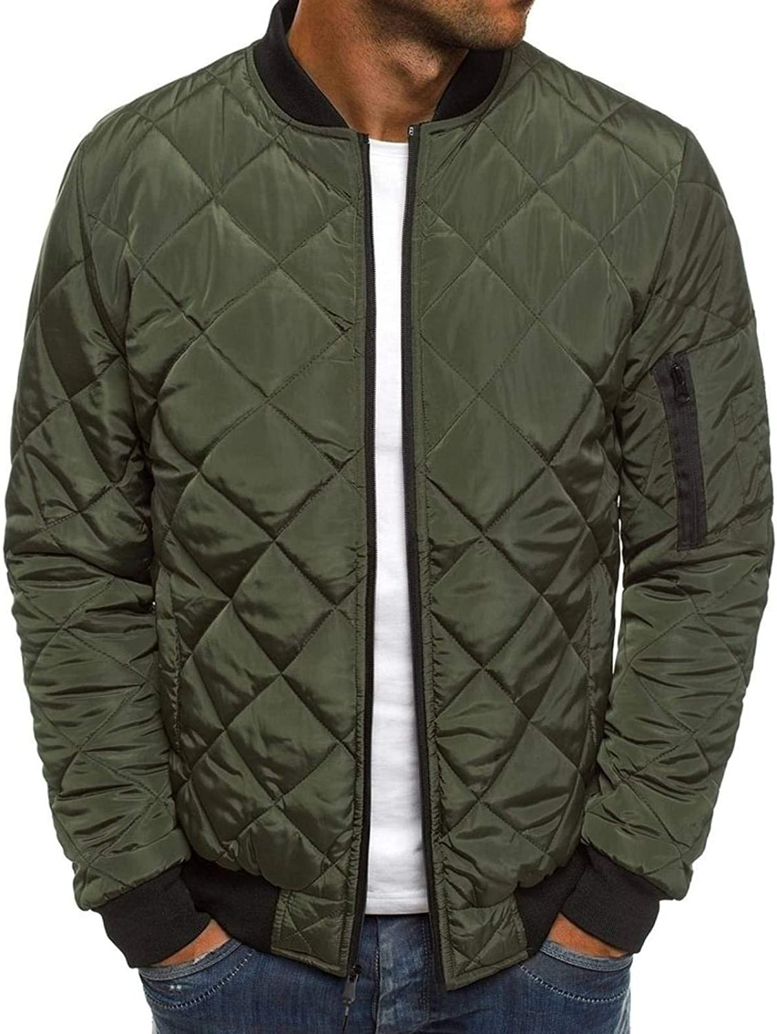 Mens Bomber Jackets Diamond Quilted Fall Winter Rib Varsity Lightweight Coat