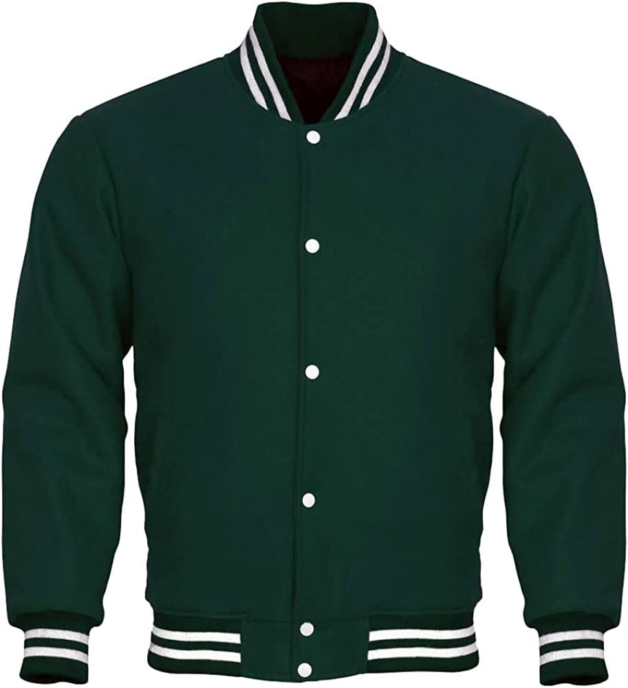 Men's All Wool Bomber Style Letterman Baseball Knit Rib Varsity Jacket