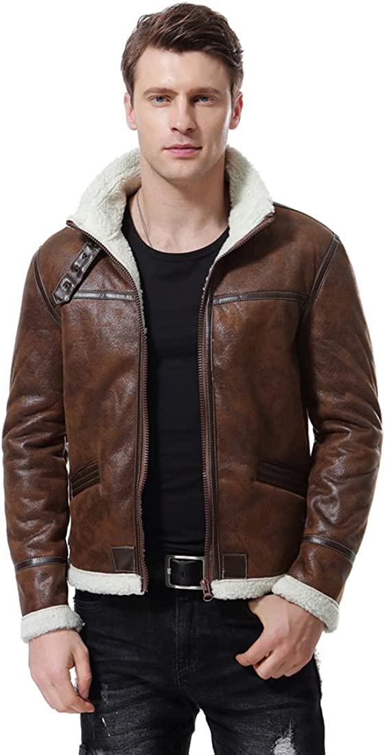AOWOFS Men's Faux Leather Jacket Brown Motorcycle Bomber Shearling Suede Stand Collar
