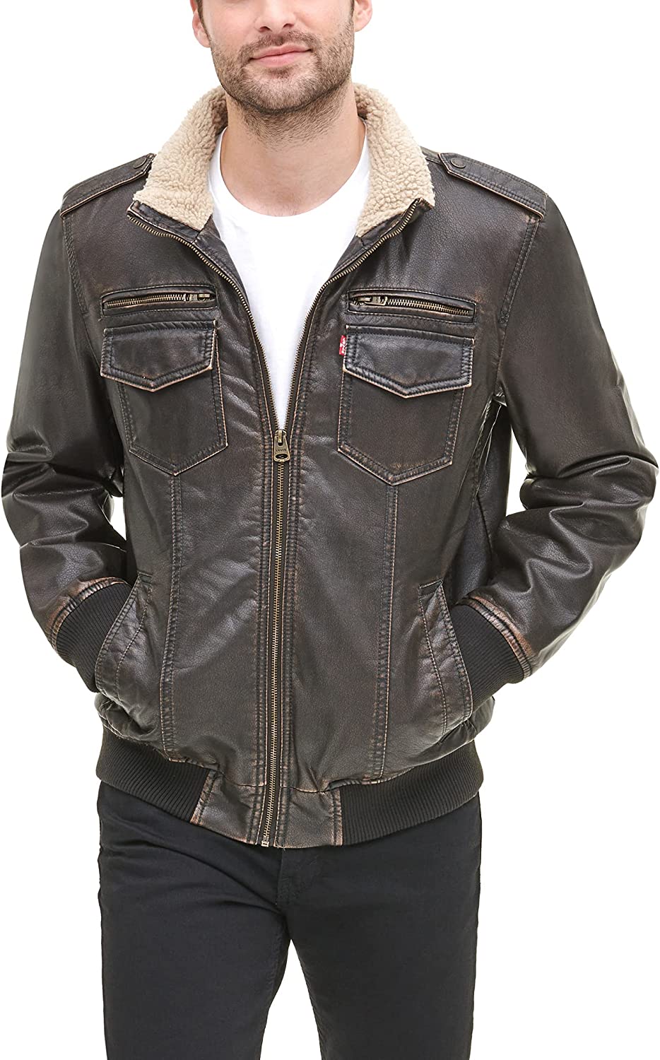 Levi's Men's Faux Leather Sherpa Aviator Bomber Jacket