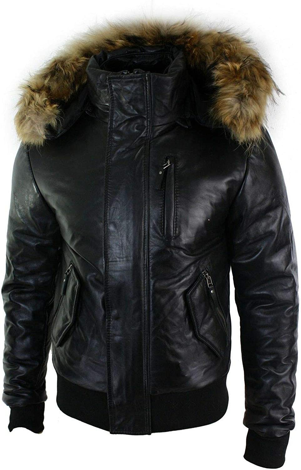 UGFashions Men Removable Brown Fur Hooded Puffer Black Bomber Sheepskin Leather Jacket