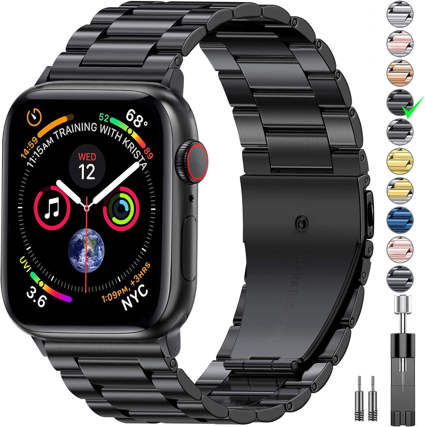 EPULY Compatible with Apple Watch Band 45mm 44mm 42mm 41mm 40mm 38mm, Business Stainless Steel Metal Watchband for iWatch Strap SE Series 7 6 5 4 3 2 1 Men (Black, 45mm 44mm 42mm)