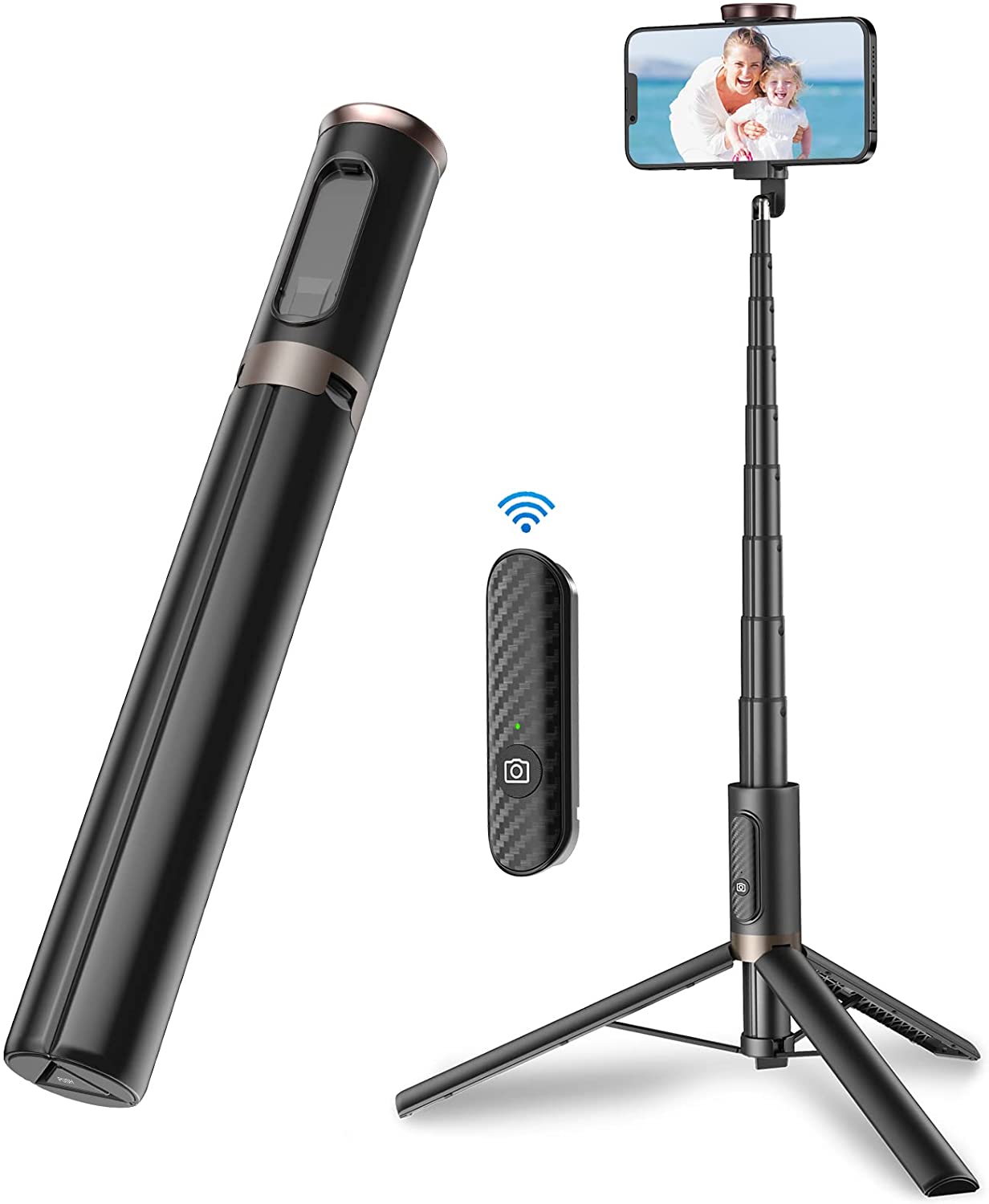 TONEOF 60" Cell Phone Selfie Stick Tripod,Smartphone Tripod Stand All-in-1 with Integrated Wireless Remote,Portable,Lightweight,Extendable Phone Tripod for 4''-7'' iPhone and Android (Black)