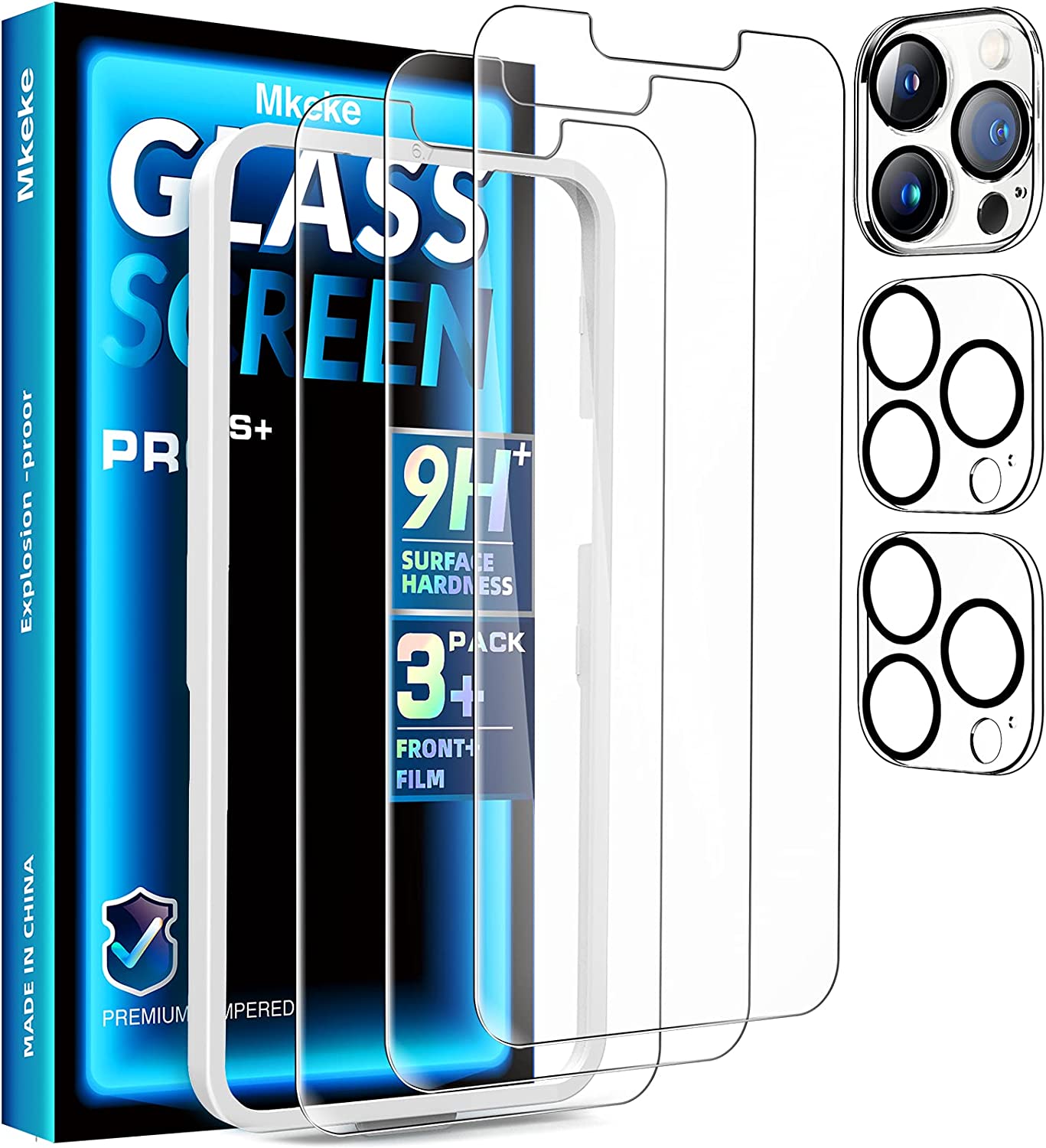 Mkeke Compatible with iPhone 13 Pro Max Screen Protector, Tempered Glass Screen Protector for iPhone 13 Pro Max with Camera Lens Protector 6.7 inch 3 Pack