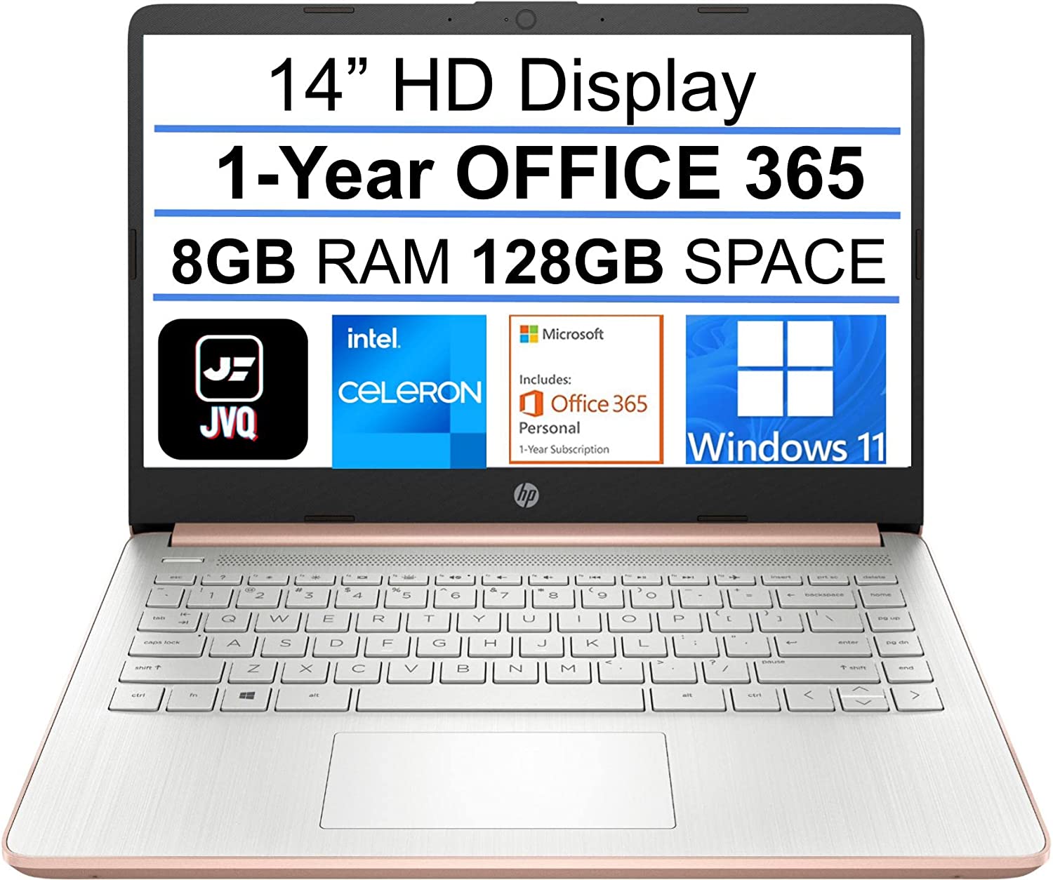 2022 Newest HP Stream 14" HD Laptop, Intel Celeron N4020(up to 2.8GHz), 8GB RAM, 128GB Space(64GB eMMC+64GB Card), 1-Year Office 365, WiFi, HDMI, USB-C, Webcam, Bluetooth, Windows 11S,Rose Gold+JVQ MP