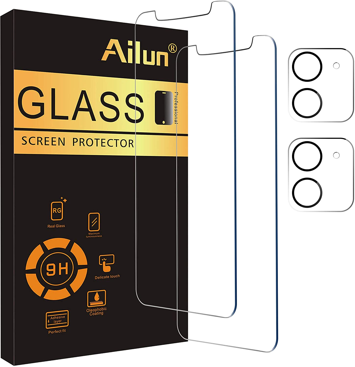 Ailun 2 Pack Screen Protector Compatible for iPhone 12[6.1 inch] + 2 Pack Camera Lens Protector,Tempered Glass Film,[9H Hardness] - HD