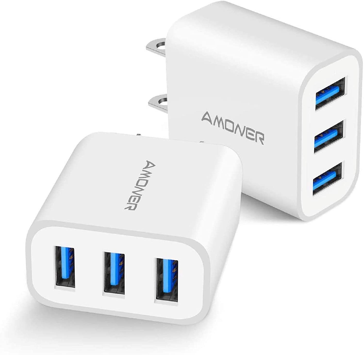 Wall Charger, Amoner Upgraded 2Pack 15W 3-Port USB Plug Cube Portable Wall Charger Plug for iPhone 12mini/12/11/Pro/ProMax/Xs/XR/X/8/7, iPad Pro/Air 2, Galaxy10/9, Note10/9, and More