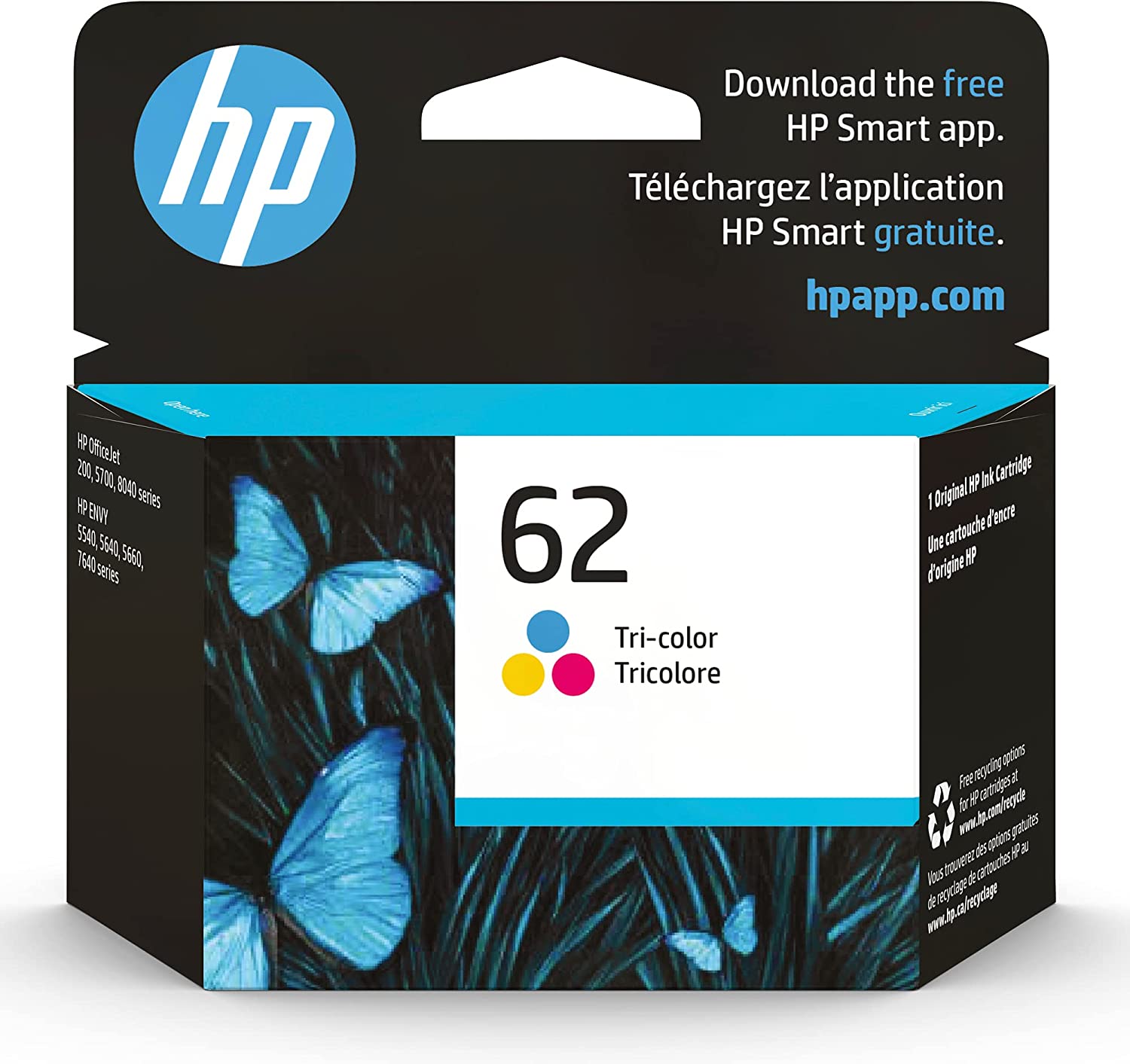 Original HP 62 Tri-color Ink Cartridge | Works with HP ENVY 5540, 5640, 5660, 7640 Series, HP OfficeJet 5740, 8040 Series, HP OfficeJet Mobile 200, 250 Series | Eligible for Instant Ink | C2P06AN