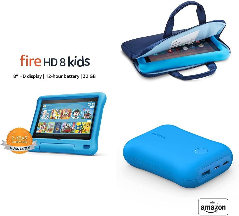 Fire HD 8 Kids tablet, 8" HD 32GB (Blue) + Sleeve + Power Charger