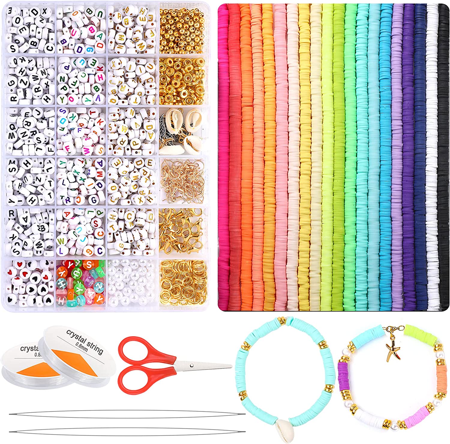 8835 Pcs Heishi Clay Beads for Bracelet Making Kit Alphabet Letter Flat Bead Jump Rings Charm Gold Beads Flat Pacer Bead Lobster Clasp Earring Hook White Round Pearls for Girls Jewelry Making