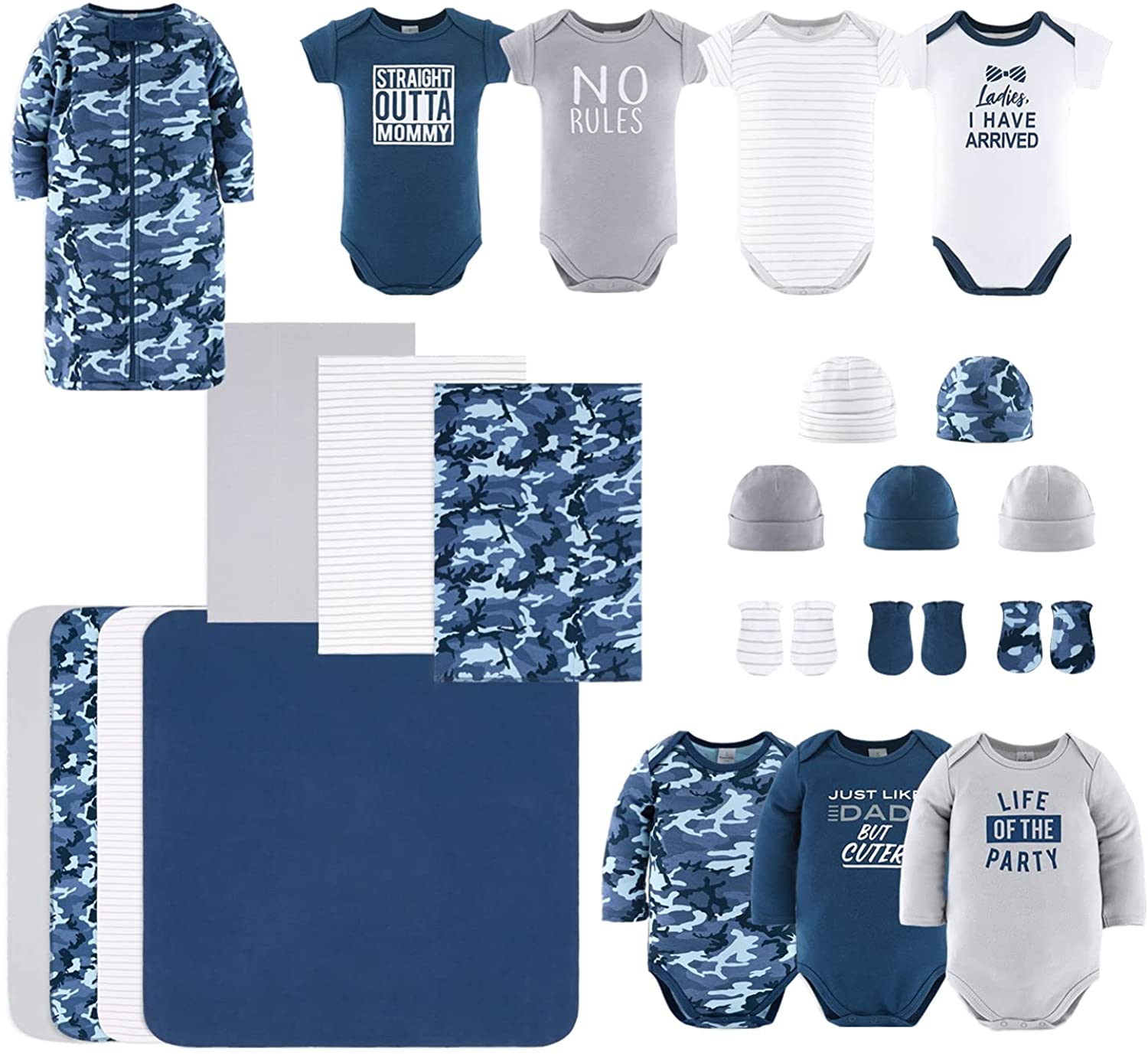 The Peanutshell Newborn Layette Gift Set for Baby Boys | 23 Piece Newborn Boy Clothes & Accessories Set | Fits Newborns to 3 Months | Blue Camo