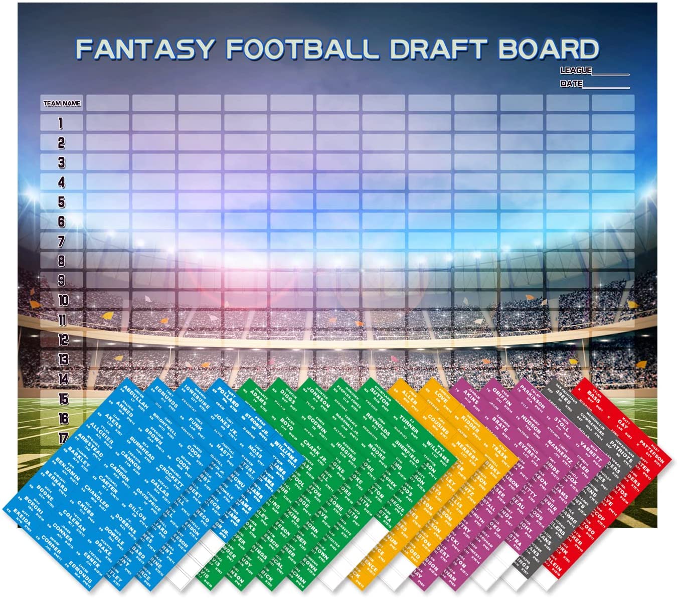 2022 Fantasy Football Draft Board Kit 12 Teams 20 Rounds with 528 Player Sticker Labels