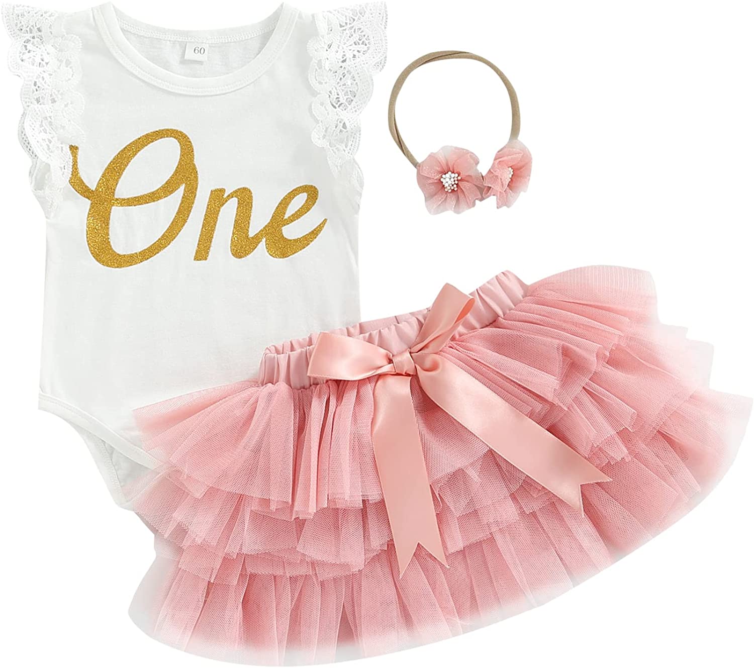 Baby Girl First Birthday Outfit Fly Sleeve Lace Romper Tutu Skirt Set with Headband