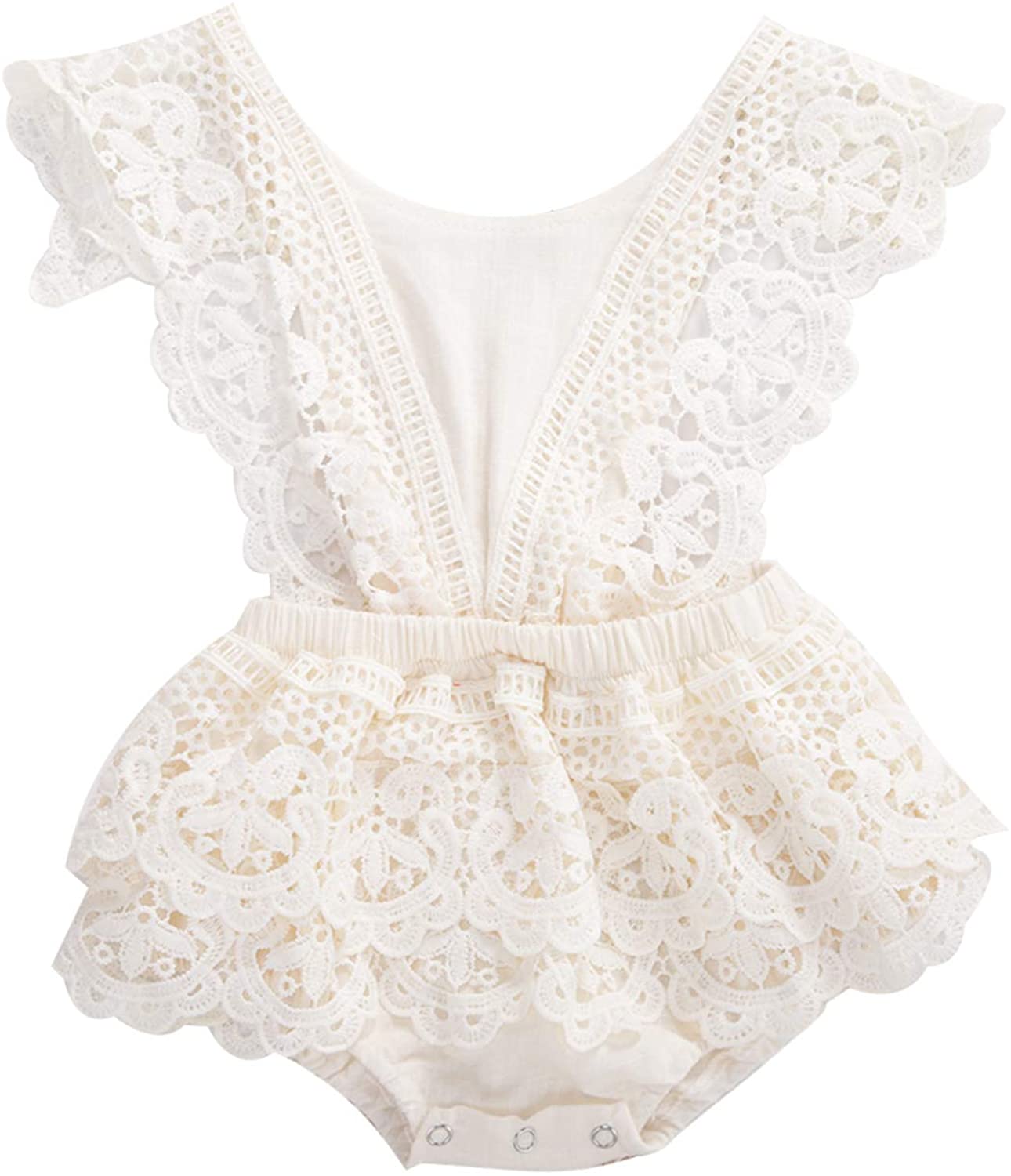 2Pcs Newborn Baby Girl Lace Ruffles Sleeve Bodysuits Backless Jumpsuit Clothes Romper Set
