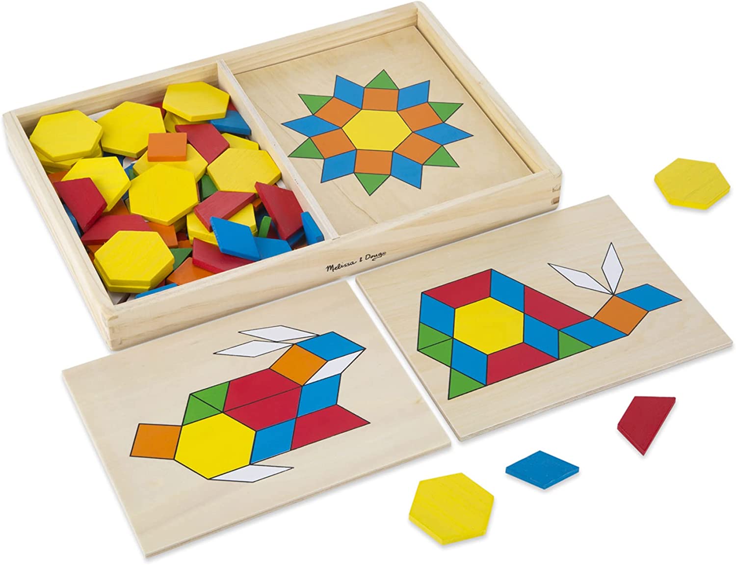 Melissa & Doug Pattern Blocks and Boards - Classic Toy With 120 Solid Wood Shapes and 5 Double-Sided Panels, Multi-colored