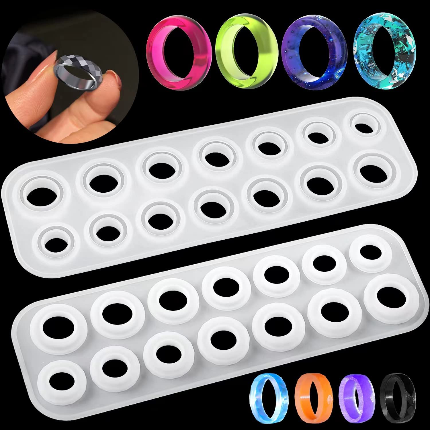 Resin Ring Mold Silicone, Silicone Molds for Epoxy Resin, Resin Molds 14 Sizes with Round and Rhombic Faces for Making Rings, Earrings, Pendants, Crafts