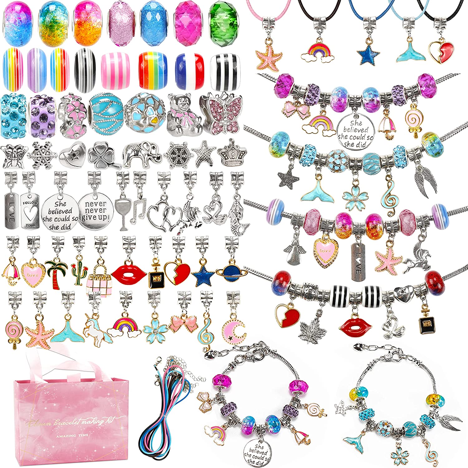 130 Pieces Charm Bracelet Making Kit Including Jewelry Beads Snake Chains, DIY Craft for Girls, Jewelry Christmas Gift Set for Arts and Crafts for Kids Ages 8-12