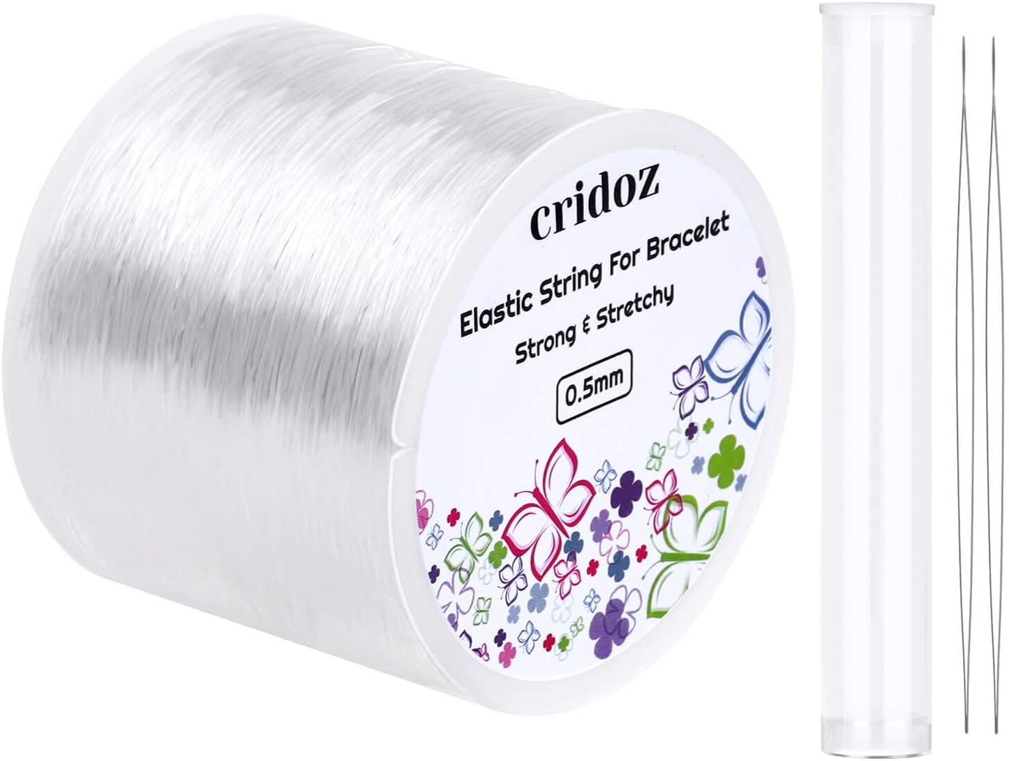 Stretchy String for Bracelets, Cridoz 0.5mm Clear Elastic String Stretch Cord Jewelry Bead Bracelet String with 2 Pcs Beading Needles for Seed Beads, Pony Beads, Bracelets and Jewelry Making