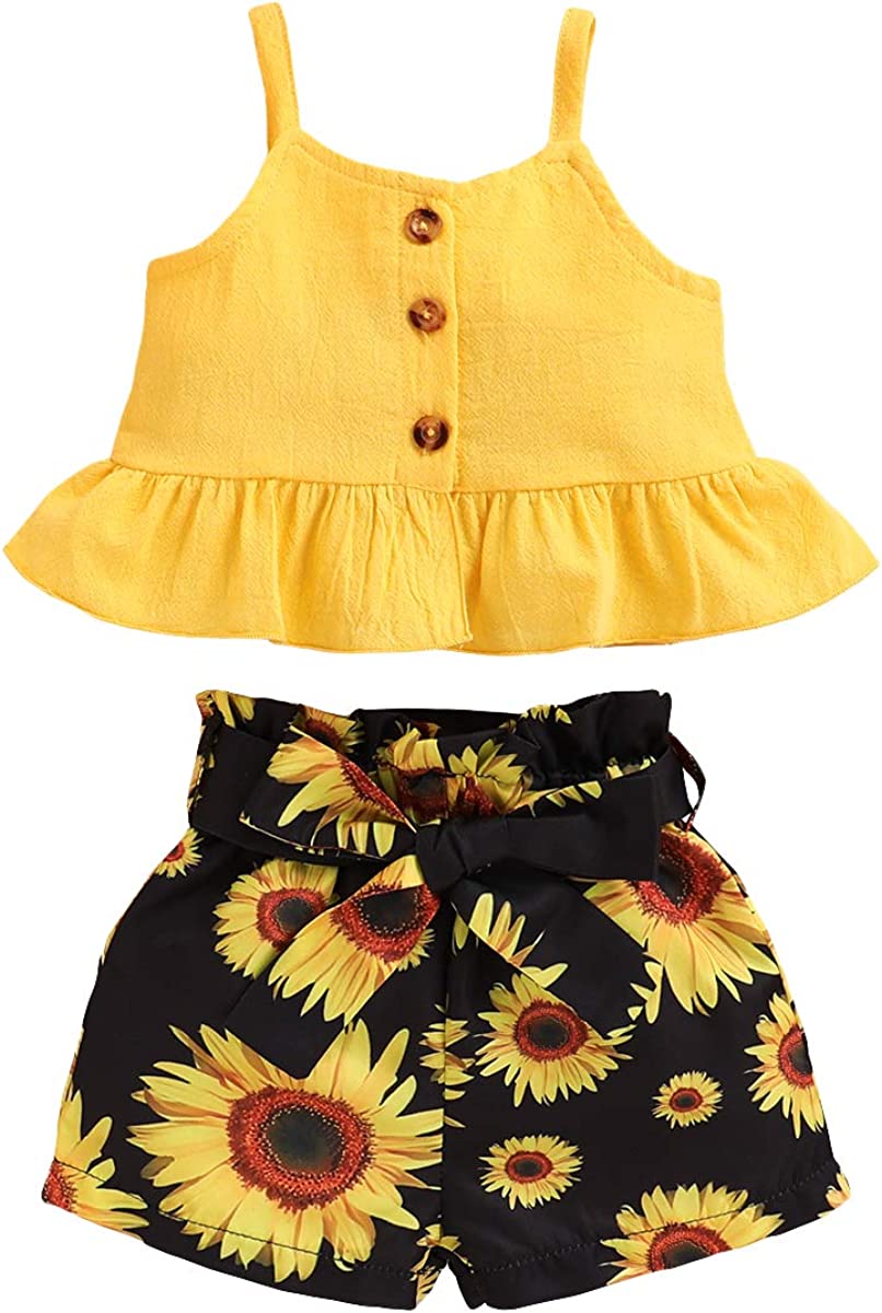Kucnuzki Toddler Baby Girl Clothes Summer Outfits Ruffle Sleeveless Linen Shirt Kid Short Set for Girl