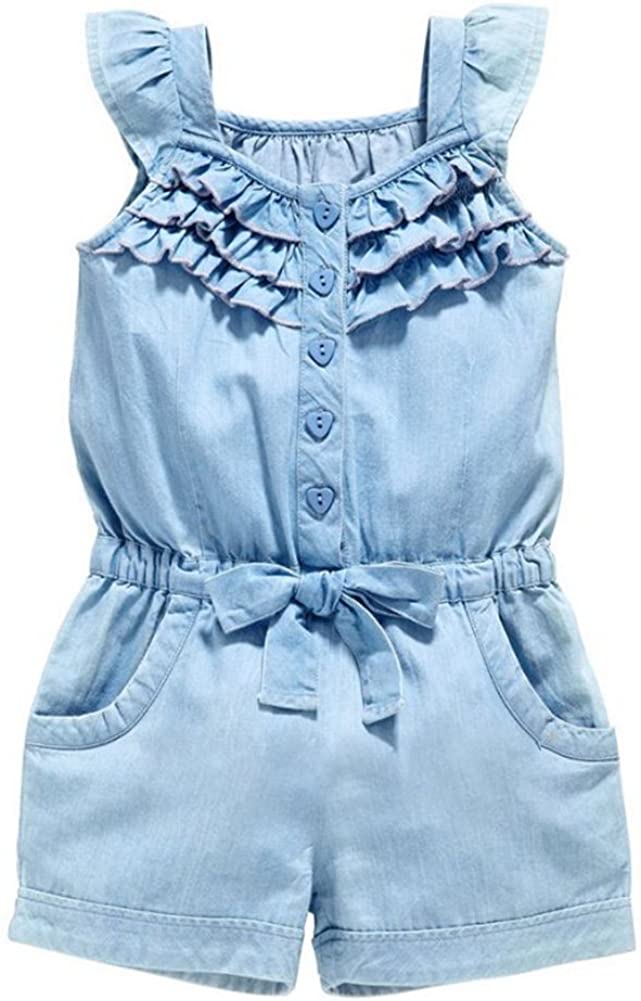 OWIKAR Baby Girls Rompers Lace Denim Vest Shorts Boat Neck Summer Dress for Age 1-6 Blue