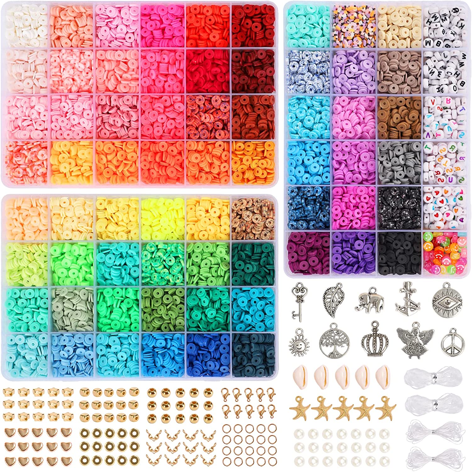 Quefe 16500pcs Clay Heishi Beads with 260 Letter Beads Polymer Flat Clay Beads Kit with Elastic String Pendant and Jump Rings for DIY Jewelry Marking Bracelets Necklace 66 Colors 6mm