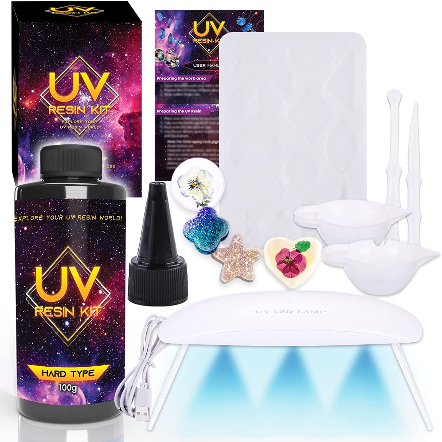 Zoncolor Epoxy UV Light Resin Kit with Jewelry Making Mold - 100g Silicone Molds UV Clear Casting Curing Jewelry Making Supplies Necklace Keychain Bracelet Arts Crafts Resin Bundle Office Complete Set